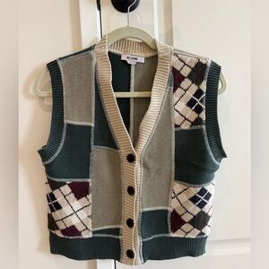 Re/Done Two-Tone Knit Vest - Olive Green & Cream